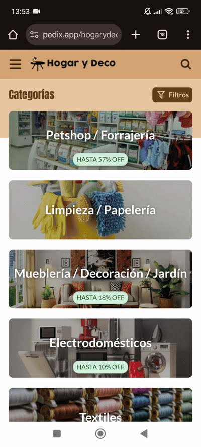 Demo de tienda Decoración y Hogar en Pedix